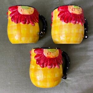 Pier 1 Imports mugs cup large checkered polka dot Sunflower lot of 3 UBM